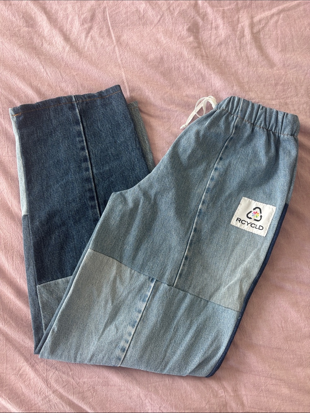 Patchwork Recycled Denim Jeans in Light & Dark Blue